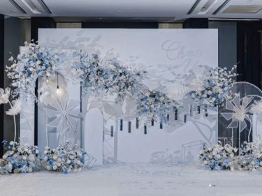 室内婚礼，背景板全部是kt，背景logo用的立体雕刻，质感好